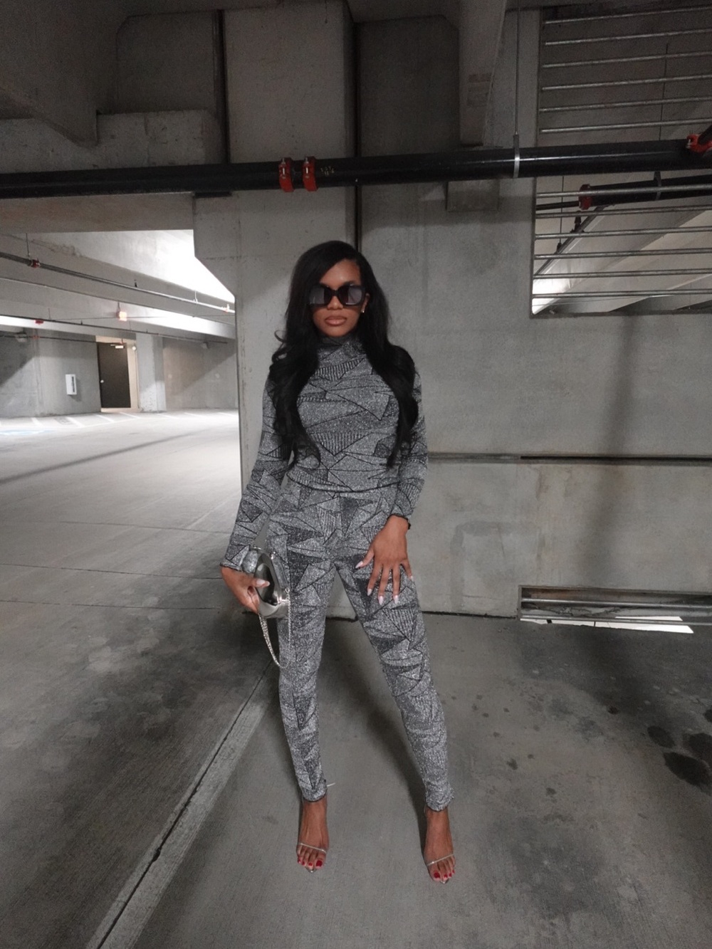 Women's Grey Patterned Skinny Jumpsuit - Long Sleeve Sleek Fit